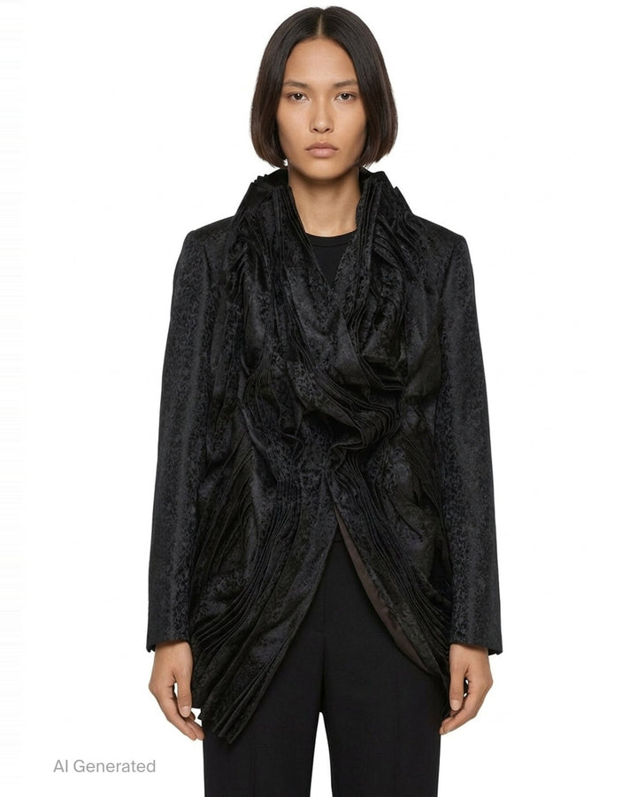 Comme des Garçons deconstructed black floral jacquard jacket with cascading accordion-pleated ruffle panel from collar to hem, shown on white background - front
