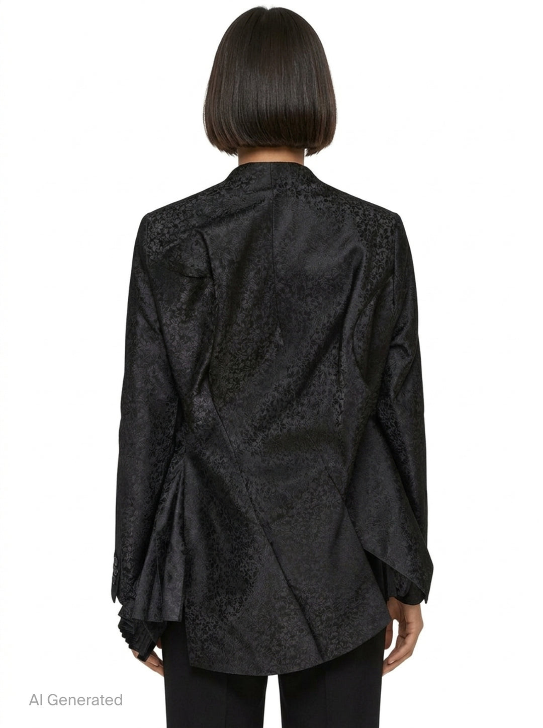 Comme des Garçons deconstructed black floral jacquard jacket with cascading accordion-pleated ruffle panel from collar to hem, shown on white background - back