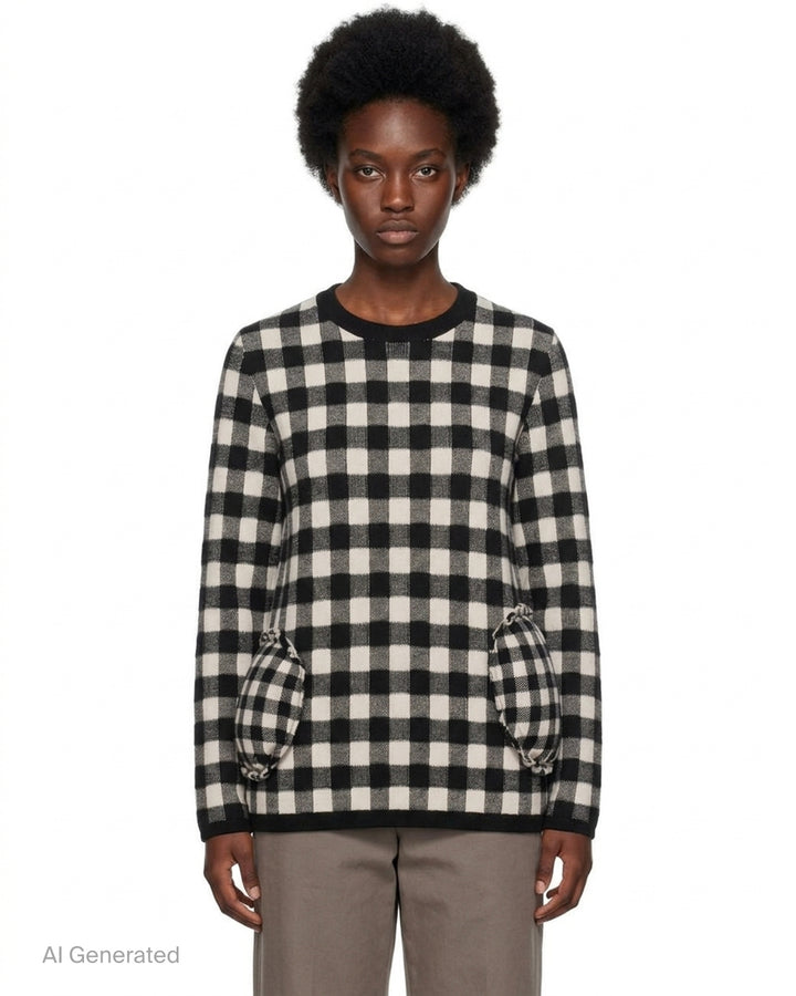 Comme des Garçons black and cream double jacquard gingham crewneck sweater with sculpted gathered pockets at the hips - front