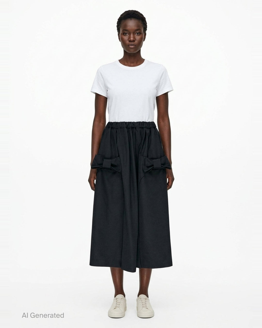 Comme des Garçons black asymmetrical midi skirt with ruched detailing and a flared hem, shown from the side against a white background - front
