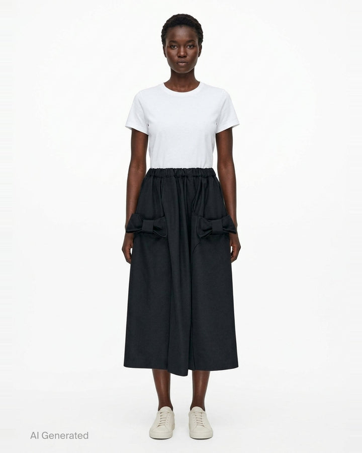 Comme des Garçons black asymmetrical midi skirt with ruched detailing and a flared hem, shown from the side against a white background - front