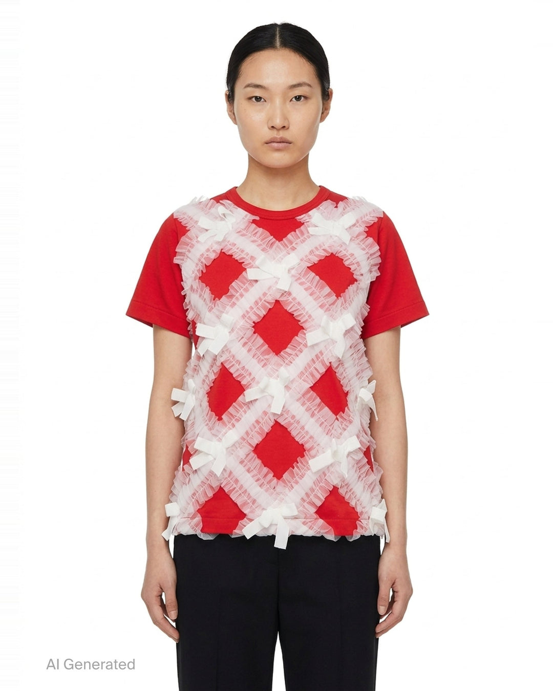 Comme des Garçons asymmetrical panelled oversize tee in black, featuring sheer chiffon flutter cape panels over an opaque jersey body, shown flat on white background - front