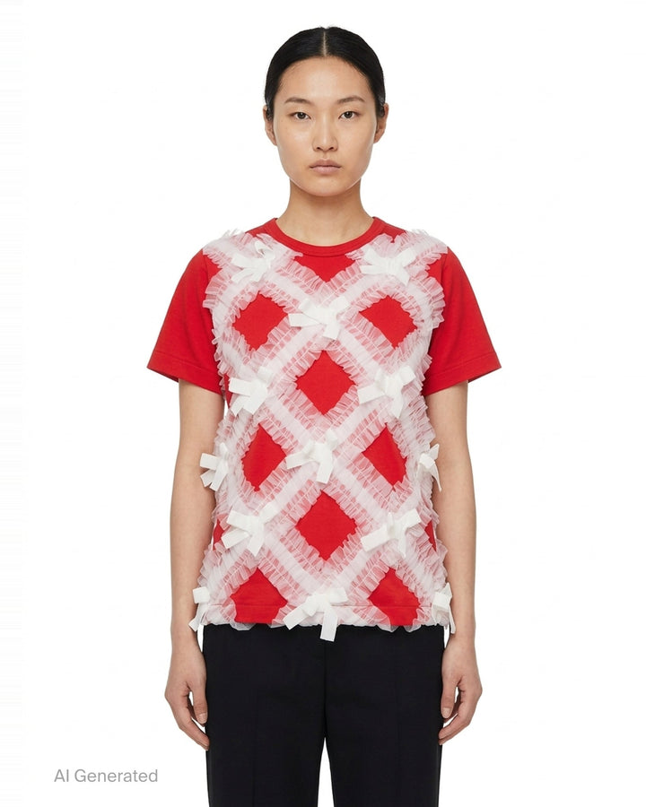 Comme des Garçons asymmetrical panelled oversize tee in black, featuring sheer chiffon flutter cape panels over an opaque jersey body, shown flat on white background - front