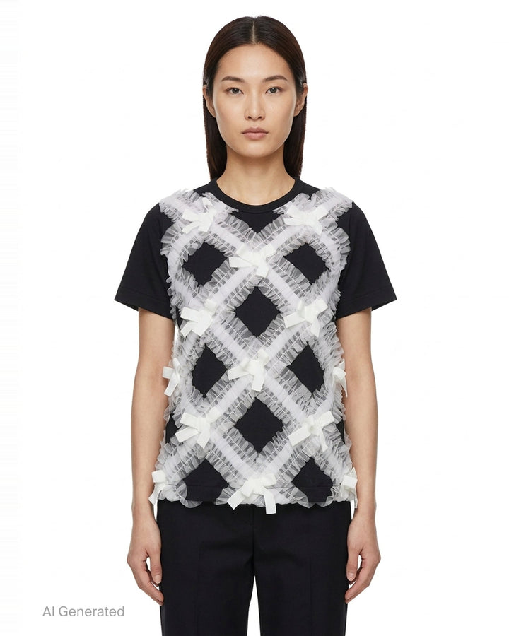 Comme des Garçons asymmetrical panelled oversize tee in black, featuring sheer chiffon flutter cape panels over an opaque jersey body, shown flat on white background - front