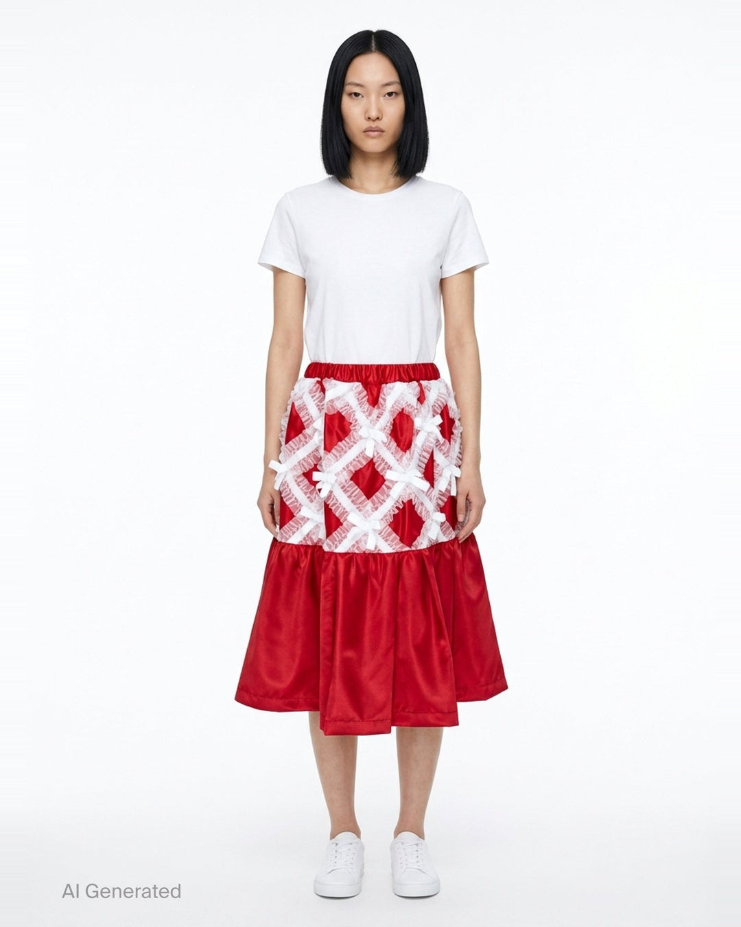 Comme des Garçons Girl black satin A-line skirt with white criss-cross tulle lattice overlay and satin ribbon bows, gathered flared hem, white background - front
