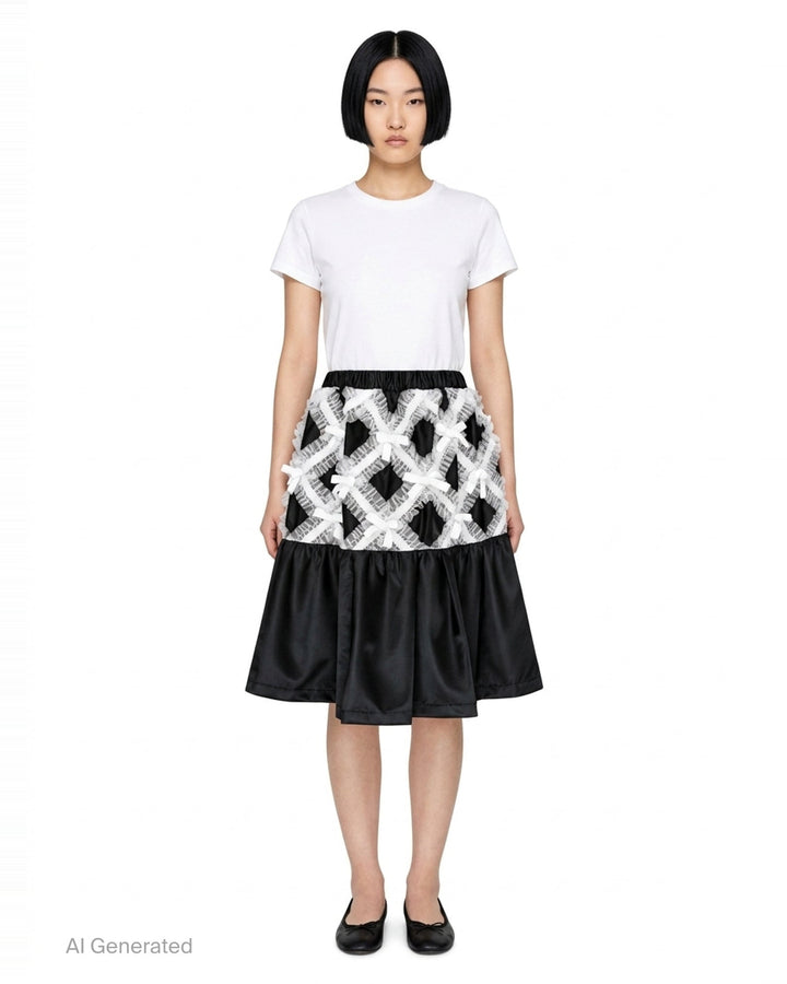 Comme des Garçons Girl black satin A-line skirt with white criss-cross tulle lattice overlay and satin ribbon bows, gathered flared hem, white background - front
