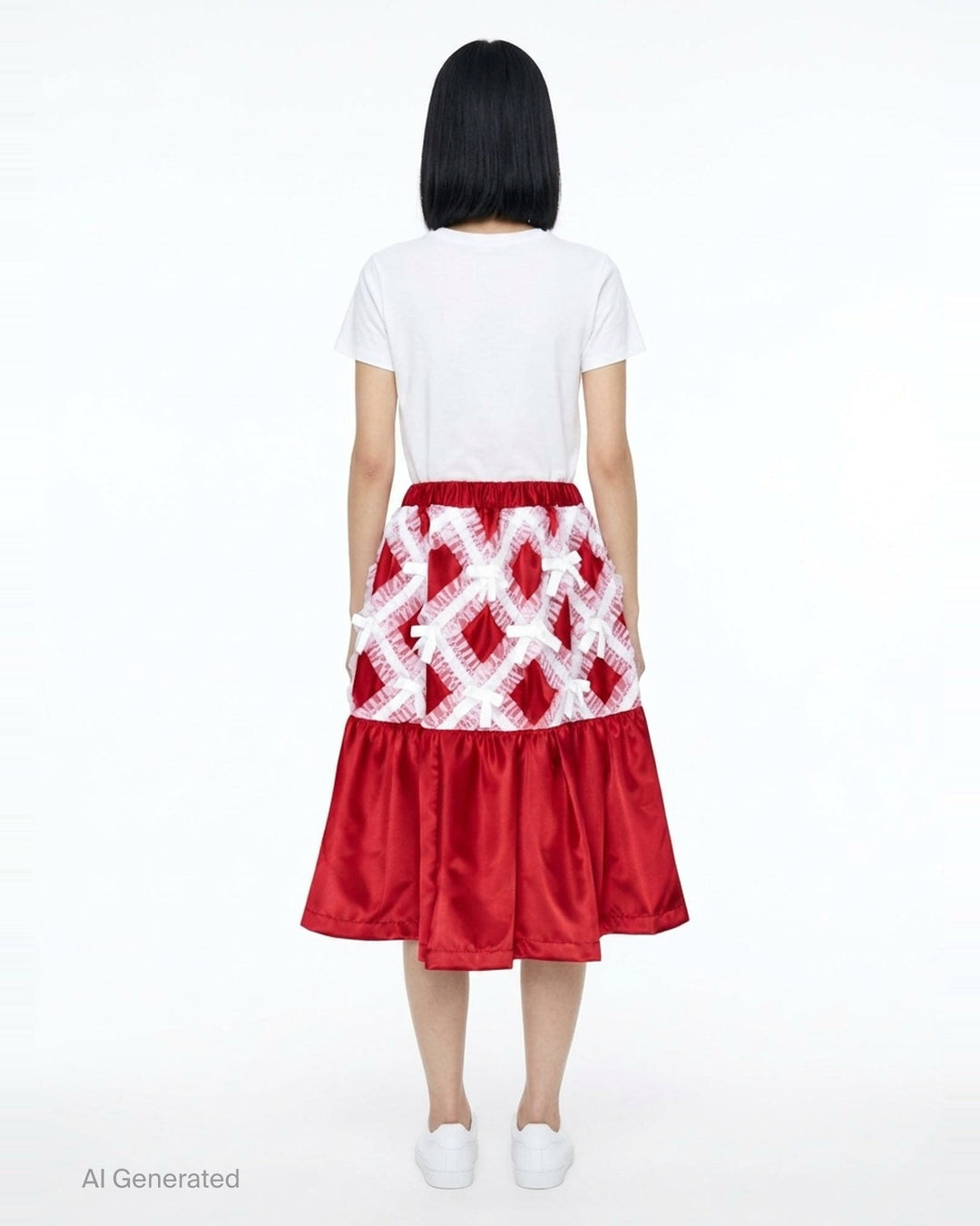 Comme des Garçons Girl black satin A-line skirt with white criss-cross tulle lattice overlay and satin ribbon bows, gathered flared hem, white background - back