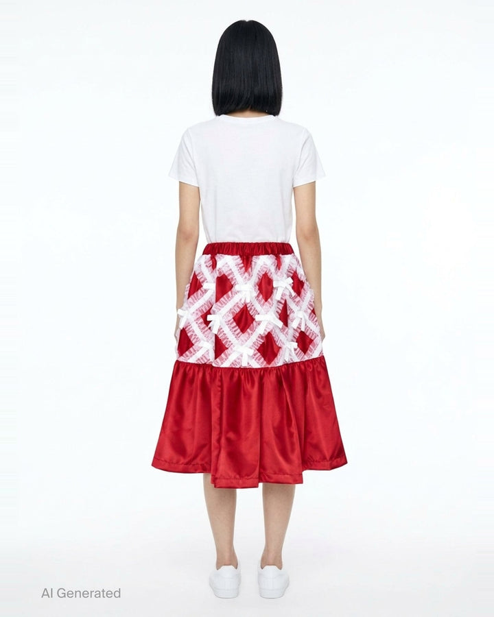 Comme des Garçons Girl black satin A-line skirt with white criss-cross tulle lattice overlay and satin ribbon bows, gathered flared hem, white background - back