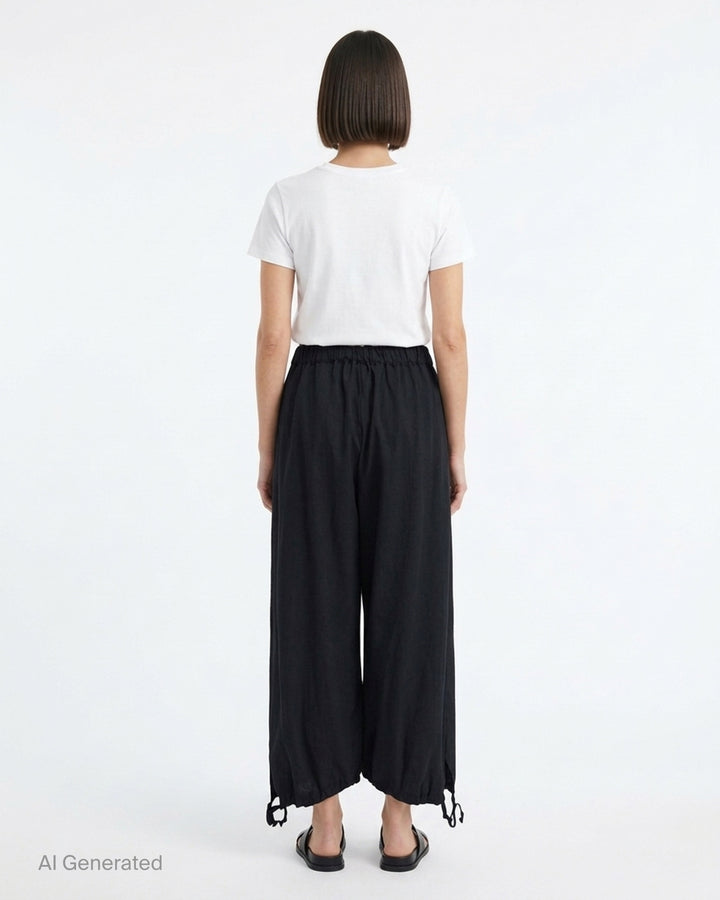 Black cropped wide-leg wool pants with an elasticated waistband and drawstring tie hems by Comme des Garçons Girl - back