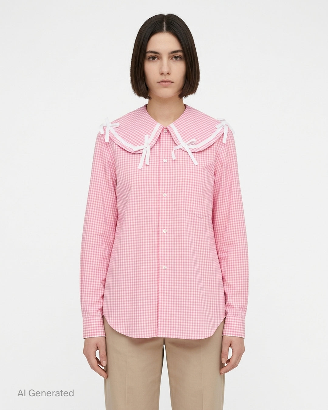 Comme des Garçons Girl pink and white gingham straight cut shirt with oversized collar trimmed in white ribbon bows, shown front view - front