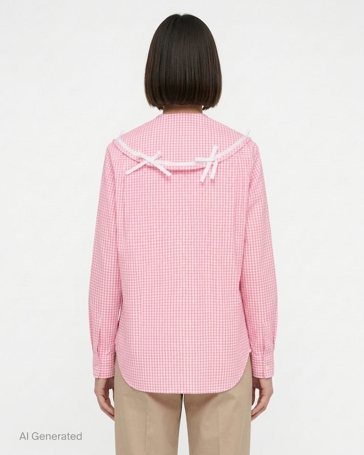 Comme des Garçons Girl pink and white gingham straight cut shirt with oversized collar trimmed in white ribbon bows, shown front view - back