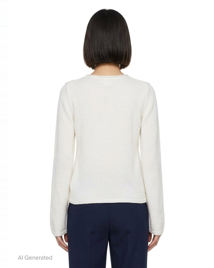 Comme des Garçons Girl ivory long sleeve fine knit top with 3D crochet unicorn appliqué in white and pink on the chest, crew neckline, flat lay on white background - back
