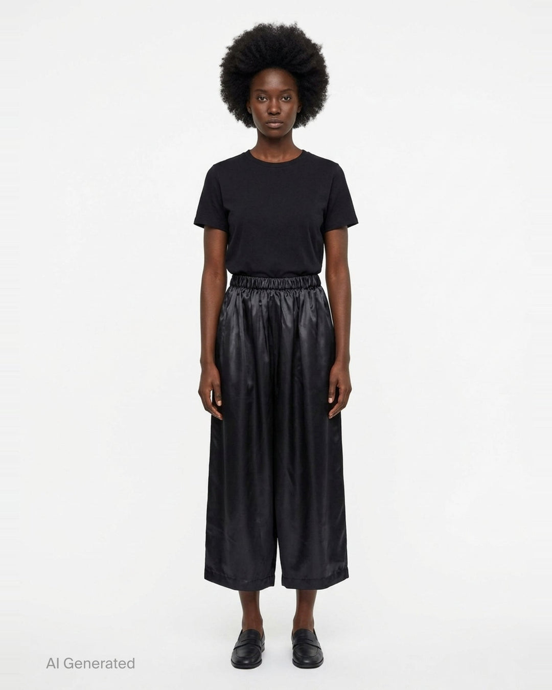 Comme des Garçons Girl black polyester satin wide-leg pants with elasticated ruched waistband and voluminous gathered silhouette, front view - front