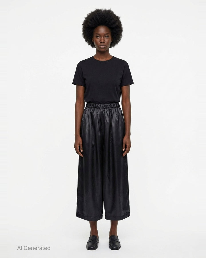 Comme des Garçons Girl black polyester satin wide-leg pants with elasticated ruched waistband and voluminous gathered silhouette, front view - front