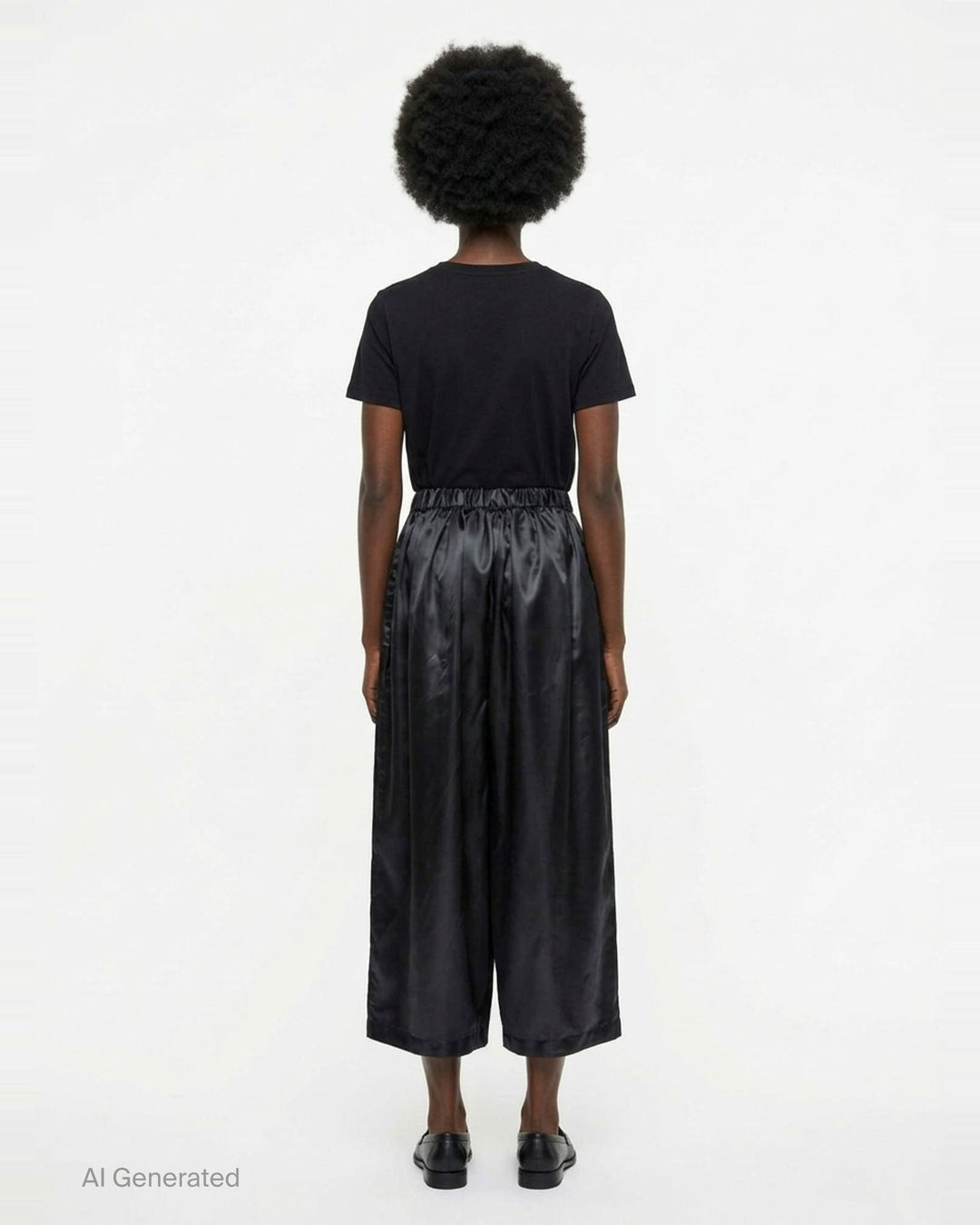 Comme des Garçons Girl black polyester satin wide-leg pants with elasticated ruched waistband and voluminous gathered silhouette, front view - back