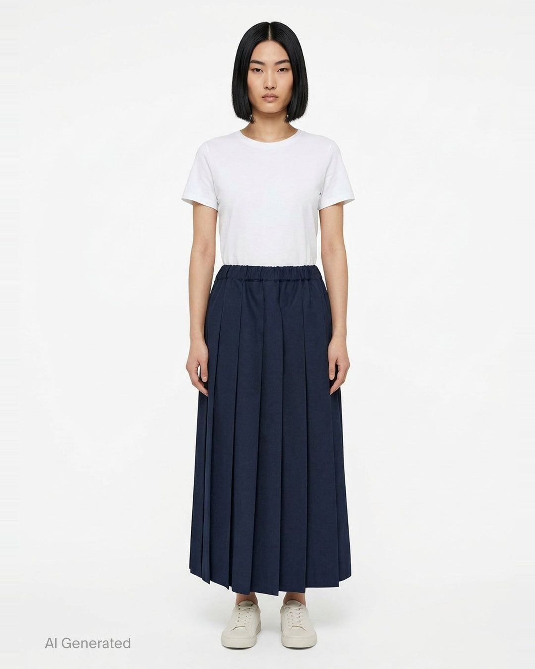 Comme des Garçons Girl navy pleated midi skirt with knife pleats and elasticated waistband, shown flat against a white background - front