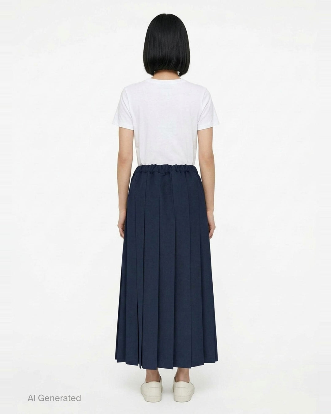 Comme des Garçons Girl navy pleated midi skirt with knife pleats and elasticated waistband, shown flat against a white background - back