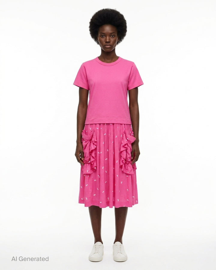 Comme des Garçons Girl pink dress with a short-sleeve jersey tee top and a gathered cherry-print skirt with ruffled pockets - front
