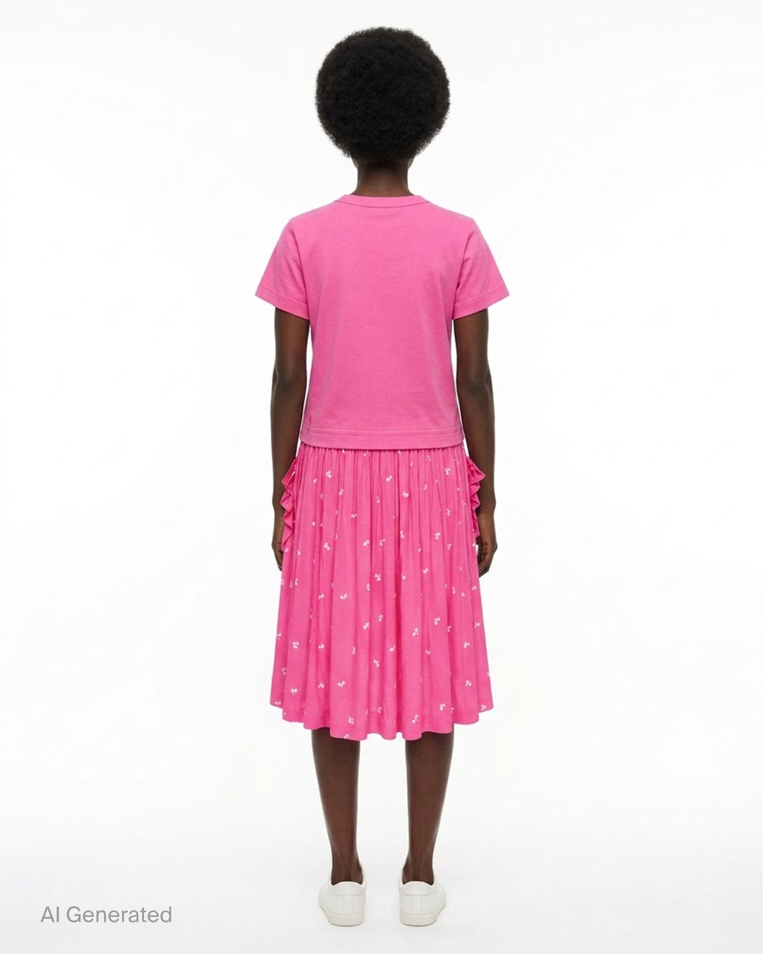 Comme des Garçons Girl pink dress with a short-sleeve jersey tee top and a gathered cherry-print skirt with ruffled pockets - back