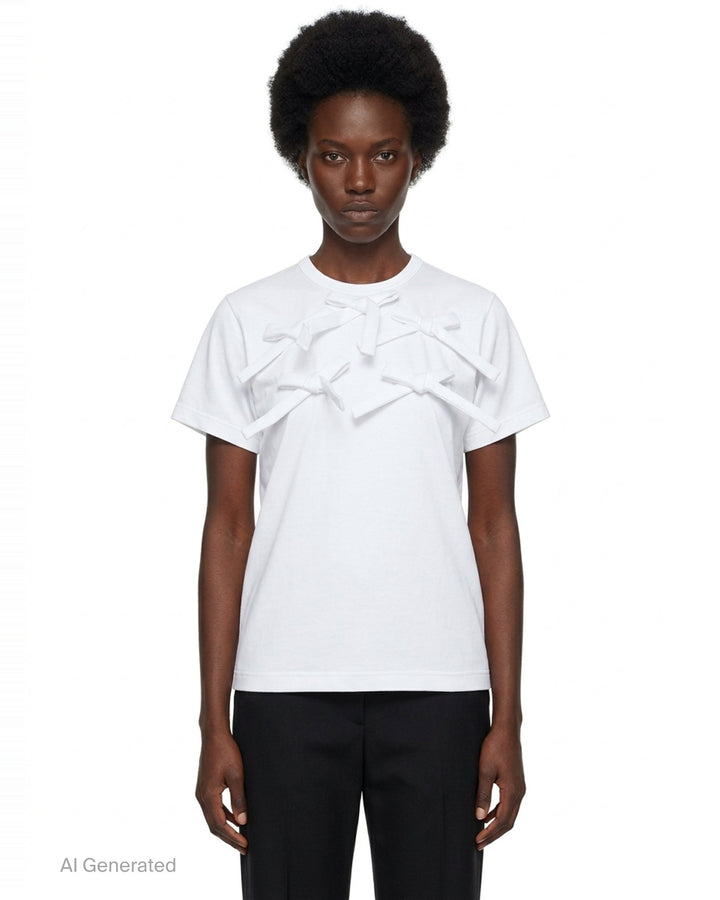 Comme des Garçons Girl pink short sleeve tee with multiple ribbon bows scattered across the chest, relaxed boxy fit with turned-back cuffs and ribbed hem - front