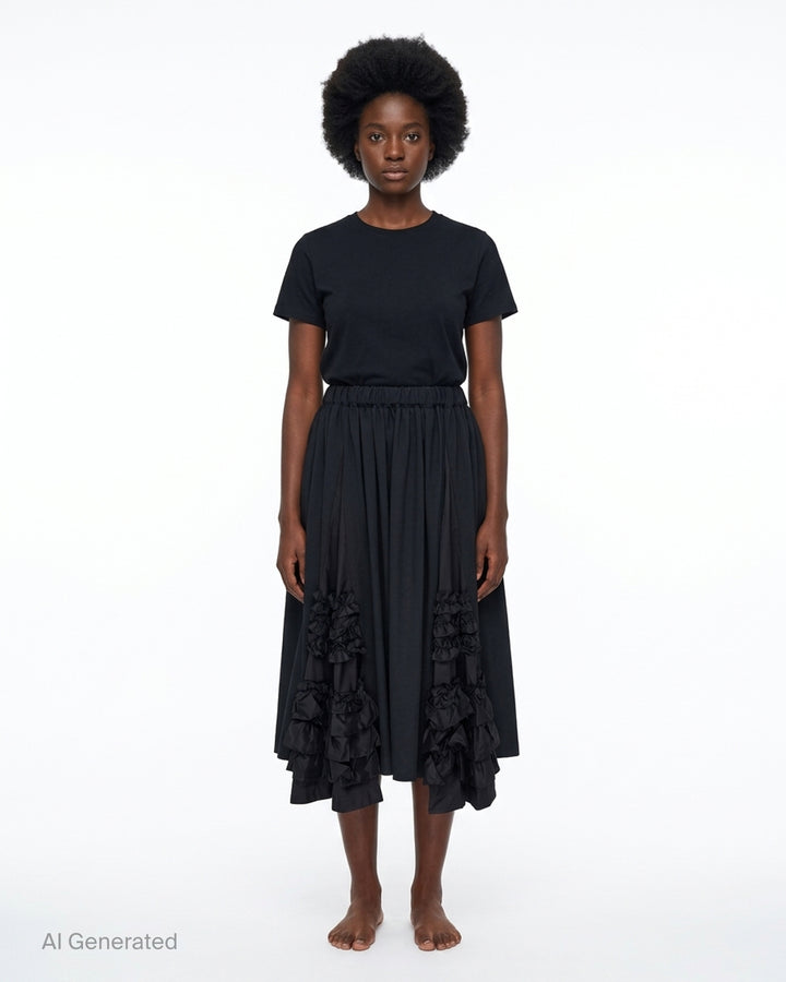 Comme des Garçons Girl black A-line midi skirt with elasticated waist and tiered gathered ruffle panels at the hem - front