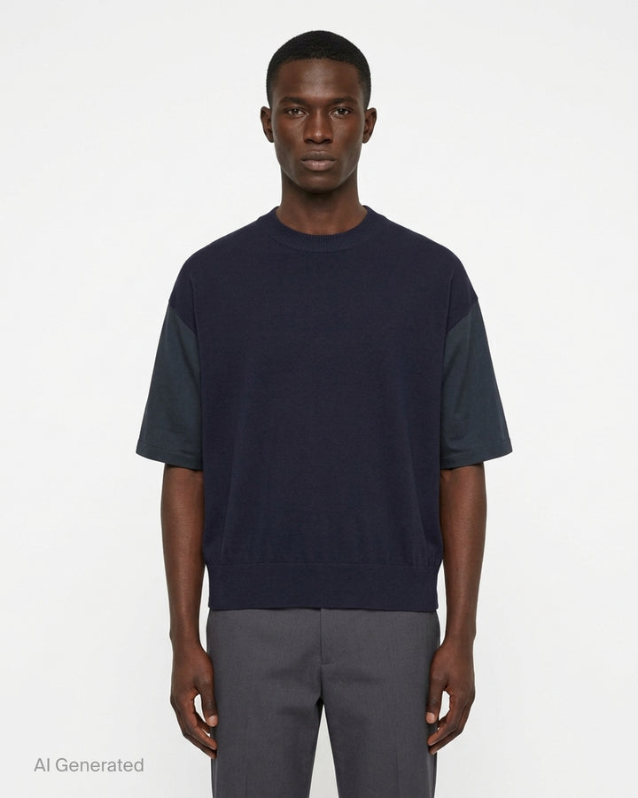Comme des Garçons Homme navy fine-knit tee with contrasting black short sleeves, ribbed crew neck and hem, shown flat from the front - front