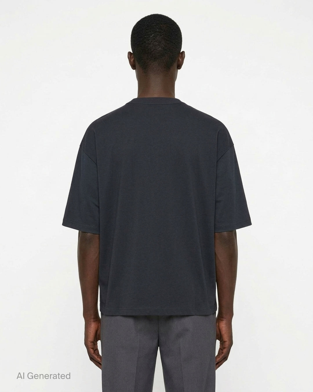 Comme des Garçons Homme navy fine-knit tee with contrasting black short sleeves, ribbed crew neck and hem, shown flat from the front - back