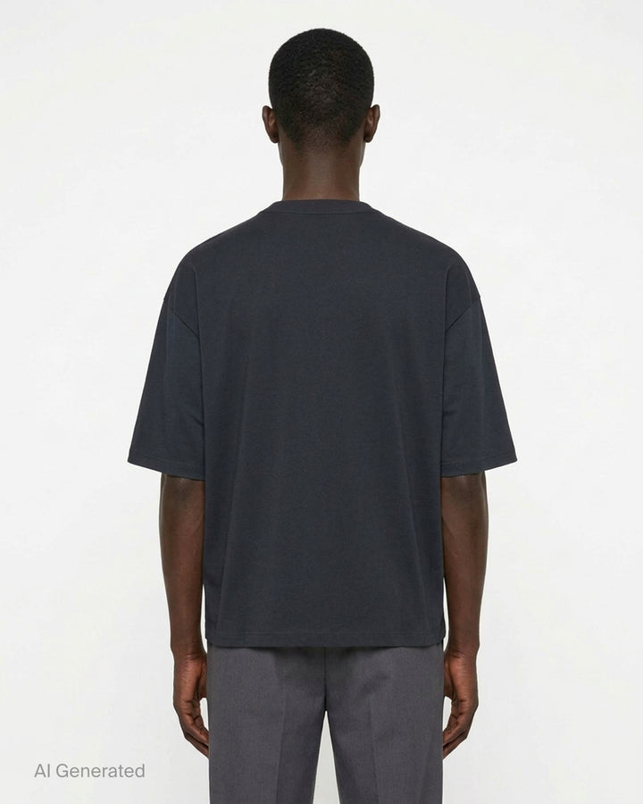 Comme des Garçons Homme navy fine-knit tee with contrasting black short sleeves, ribbed crew neck and hem, shown flat from the front - back