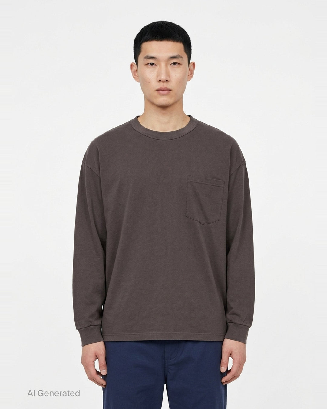 Comme des Garçons Homme slightly brushed cotton jersey long sleeve tee in taupe with crew neck, chest patch pocket, and ribbed cuffs - front