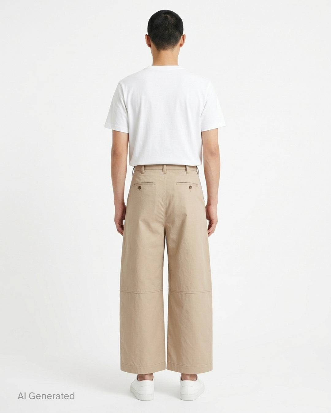 Beige cotton serge wide-leg cropped pants with front pleats and knee seams by Comme des Garçons Homme - back
