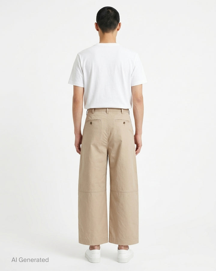 Beige cotton serge wide-leg cropped pants with front pleats and knee seams by Comme des Garçons Homme - back