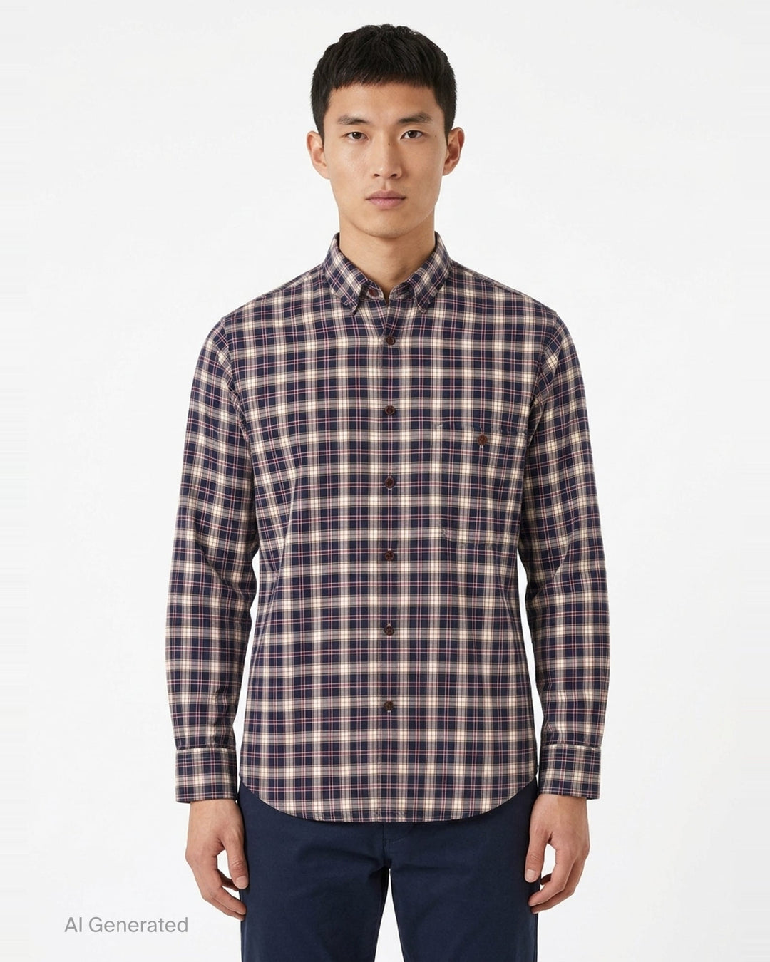 Comme des Garçons Homme cotton twill long sleeve shirt in navy, white, red, and olive plaid check with button-down collar and chest pocket - front