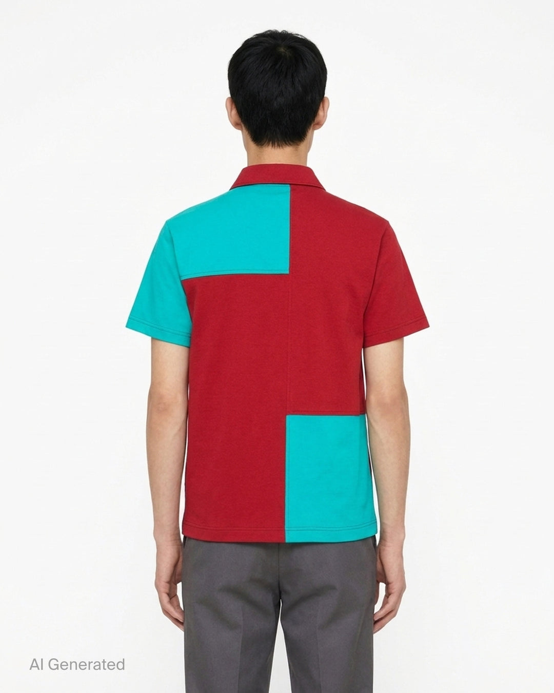 Comme des Garçons Homme Deux colour-block polo shirt in teal and deep red cotton jersey with contrast topstitching and two-button placket - back