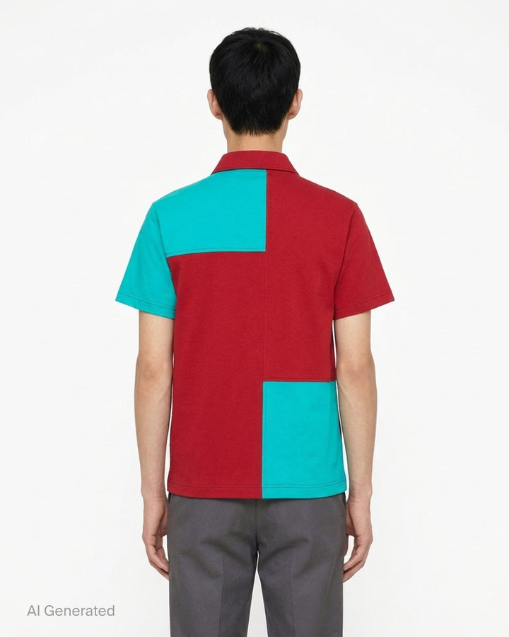 Comme des Garçons Homme Deux colour-block polo shirt in teal and deep red cotton jersey with contrast topstitching and two-button placket - back