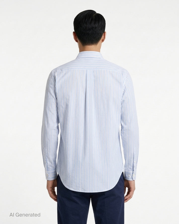 Comme des Garçons Homme Deux long sleeve shirt in blue and white cotton broad stripe with diagonal patchwork panels and a chest pocket - back