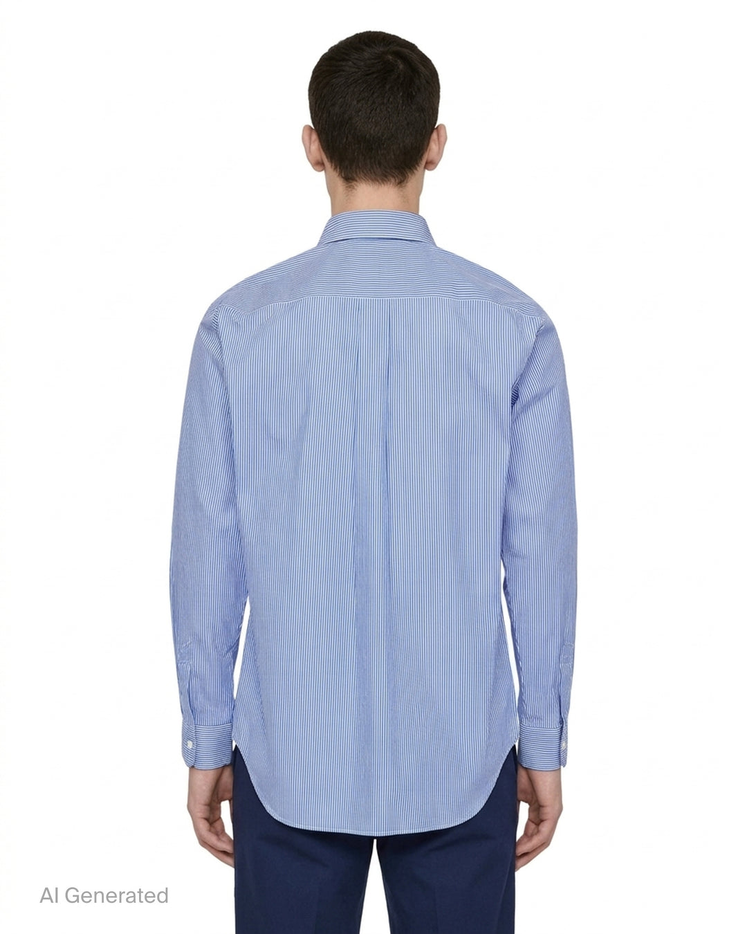 Comme des Garçons Homme Deux long sleeve shirt in blue and white cotton broad stripe with a diagonal patchwork panel, pointed collar and chest pocket - back