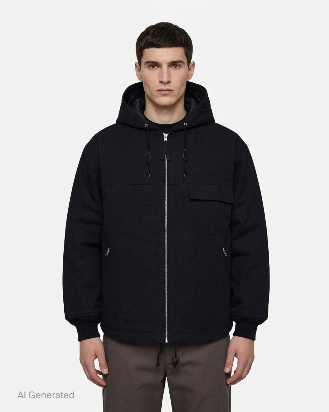 Black Comme des Garçons Homme hooded zip blouson jacket with quilted hood lining, chest flap pocket, zip hand pockets and ribbed cuffs - front