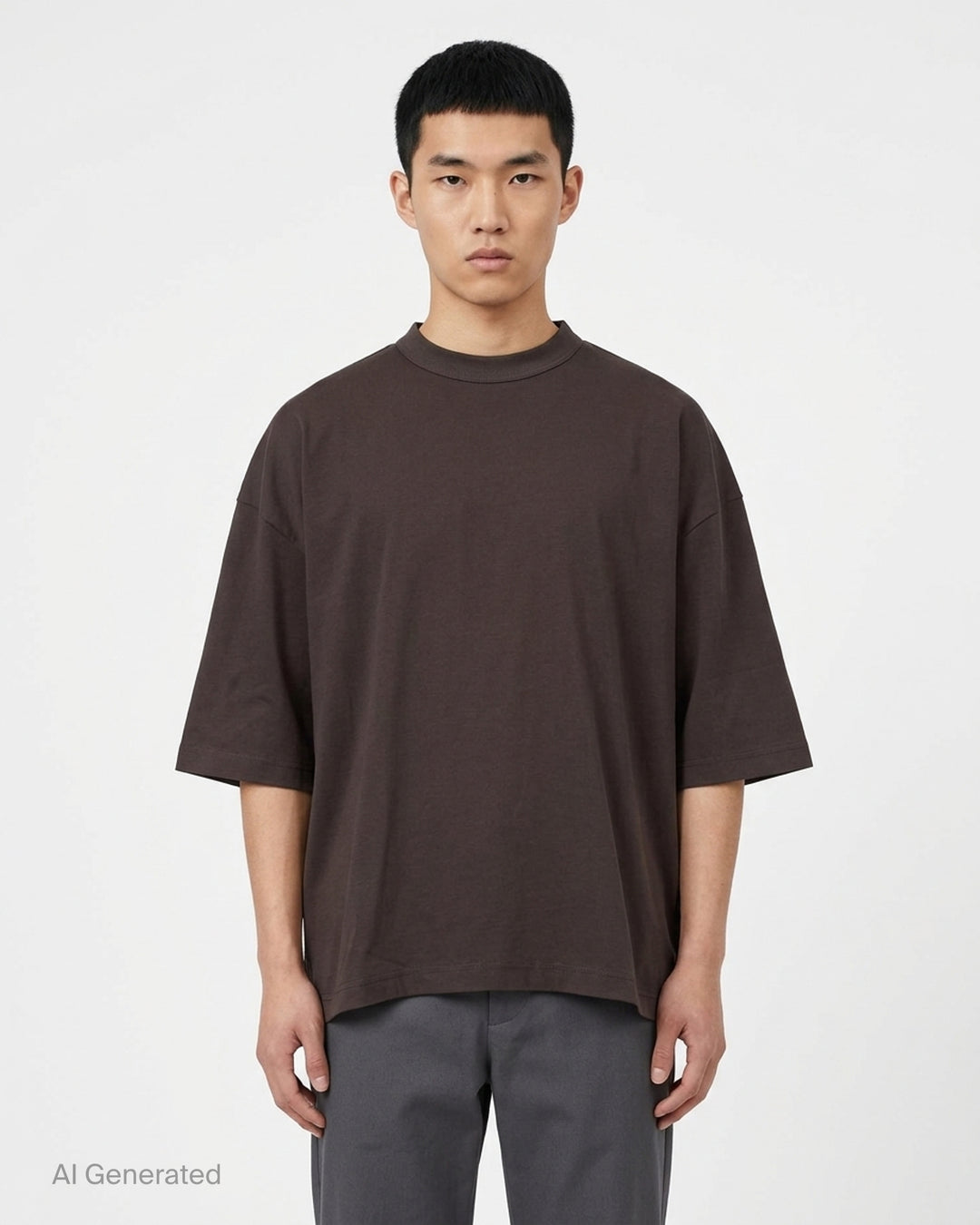 Comme des Garçons Homme Logo Tag Boxy Tee in dark brown with ribbed crewneck, dropped shoulders and wide short sleeves, shown flat from the front - front