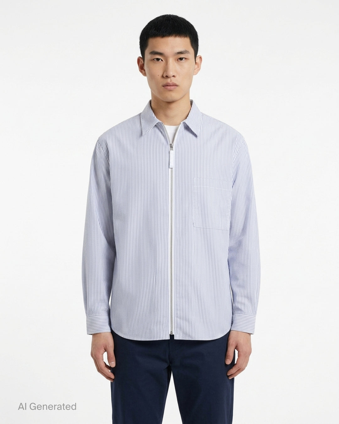 Comme des Garçons Homme long sleeve zip front shirt in blue and white pinstripe with pointed collar and chest patch pocket - front