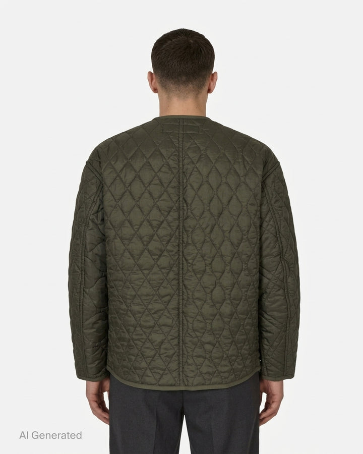 Olive green quilted ripstop nylon jacket with mixed diamond and wave quilting, collarless neckline, snap front and two patch pockets - back