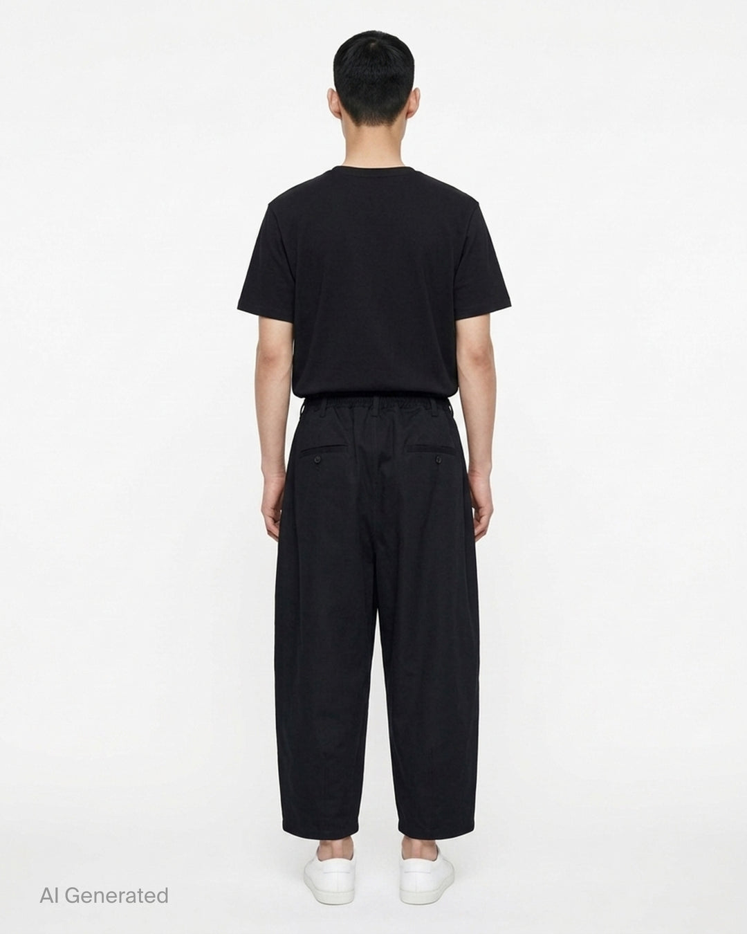 Comme des Garçons Homme black cotton twill pants with pleated front, elasticated waistband and wide cropped legs - back