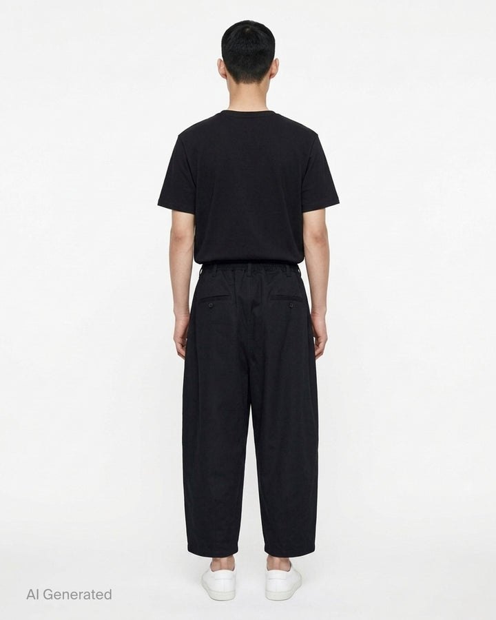 Comme des Garçons Homme black cotton twill pants with pleated front, elasticated waistband and wide cropped legs - back