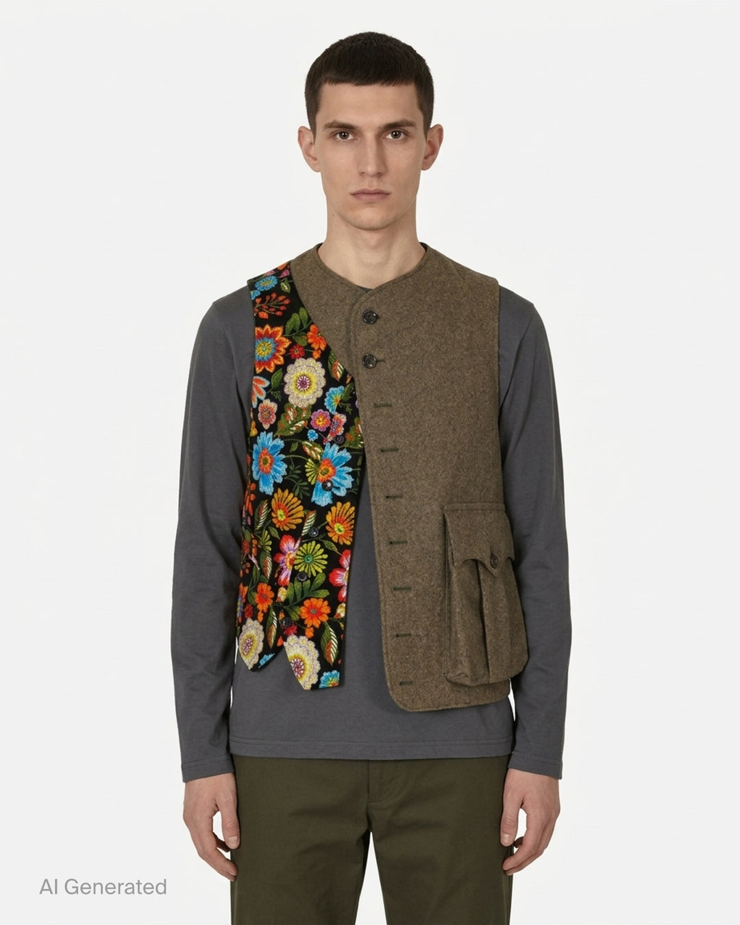 Comme des Garçons Homme Plus asymmetrical vest with an olive wool half, a multicolour embroidered floral half on black, and a large flap pocket - front