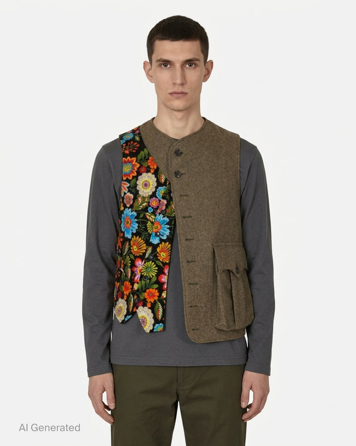 Comme des Garçons Homme Plus asymmetrical vest with an olive wool half, a multicolour embroidered floral half on black, and a large flap pocket - front