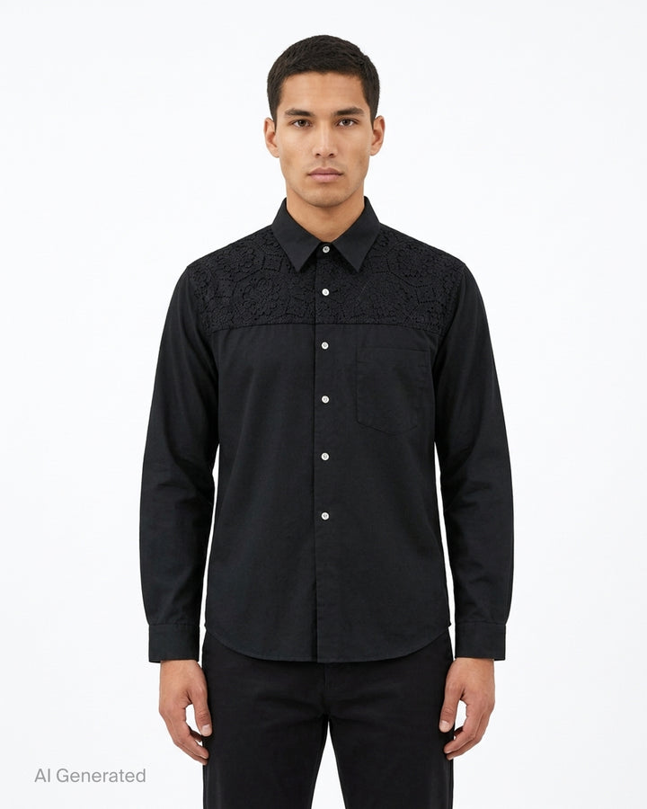 Comme des Garçons Homme Plus black long sleeve cotton shirt with floral guipure lace panel across the upper chest and shoulder yoke, white button fastening, and single patch pocket - front