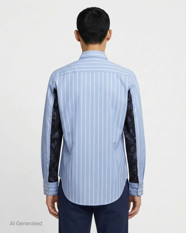 Comme des Garçons Homme Plus cotton broad stripe long sleeve shirt in sky blue with white pinstripes, featuring a relaxed fit, point collar, concealed button placket, and chest patch pocket - back