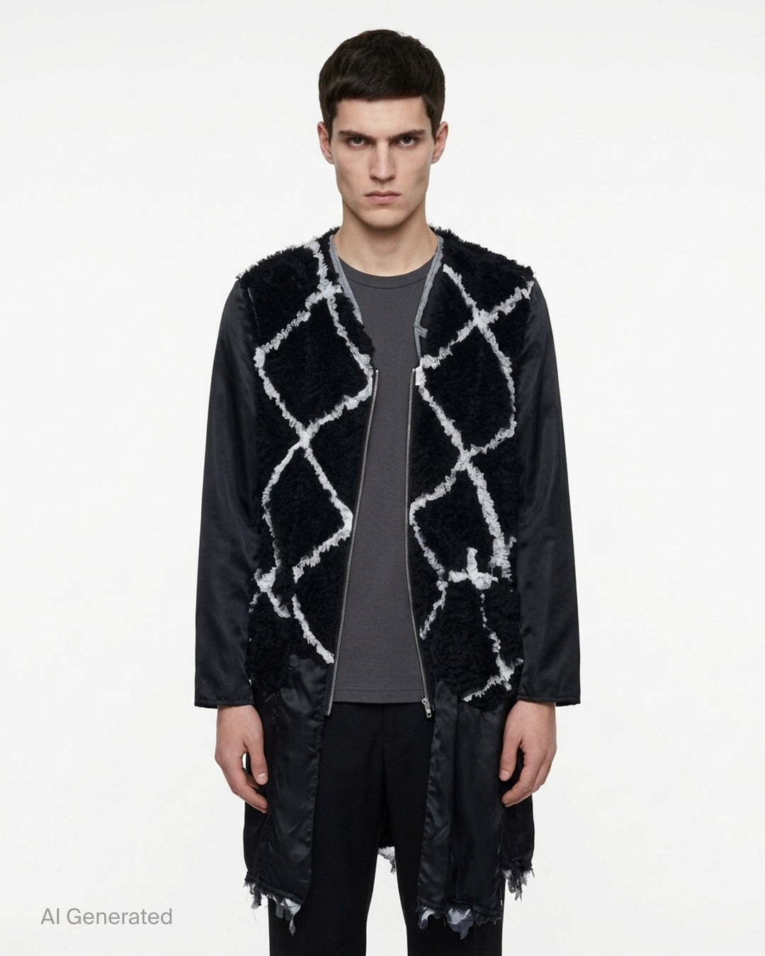 Comme des Garçons Homme Plus longline zip coat with diamond-pattern tulle embroidery, satin sleeves and a frayed asymmetric hem - front