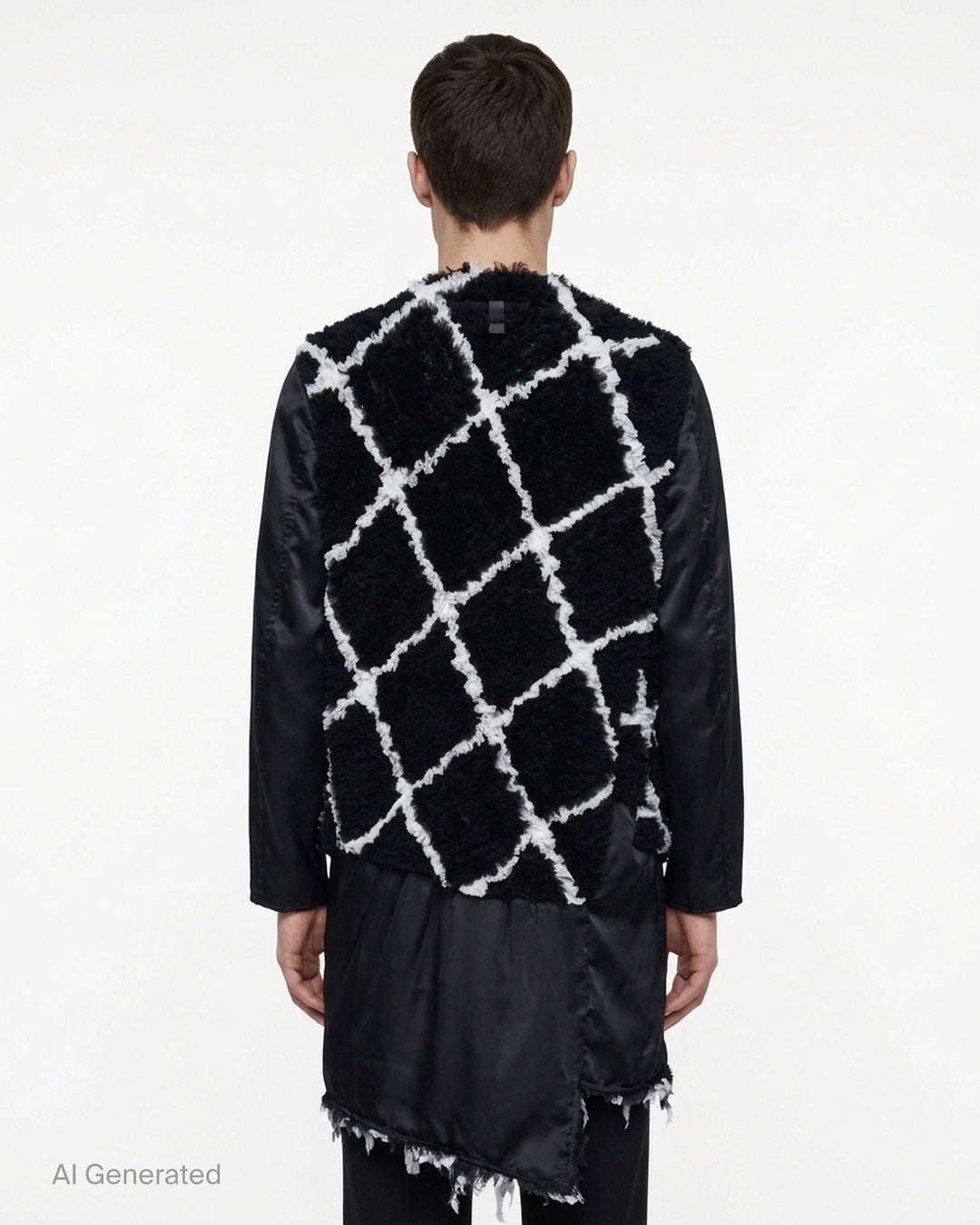 Comme des Garçons Homme Plus longline zip coat with diamond-pattern tulle embroidery, satin sleeves and a frayed asymmetric hem - back