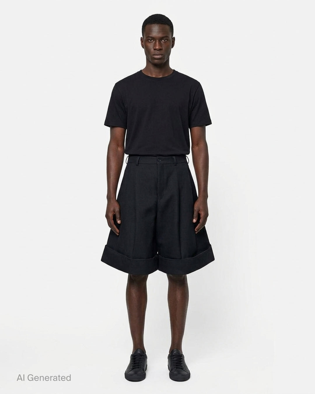 Comme des Garçons Homme Plus black double weave wool wide-leg shorts with deep pleats, button fly, and folded turn-up cuffs, shown flat on white background - front