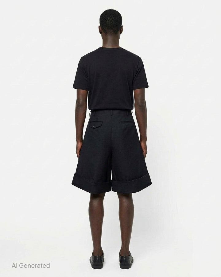 Comme des Garçons Homme Plus black double weave wool wide-leg shorts with deep pleats, button fly, and folded turn-up cuffs, shown flat on white background - back